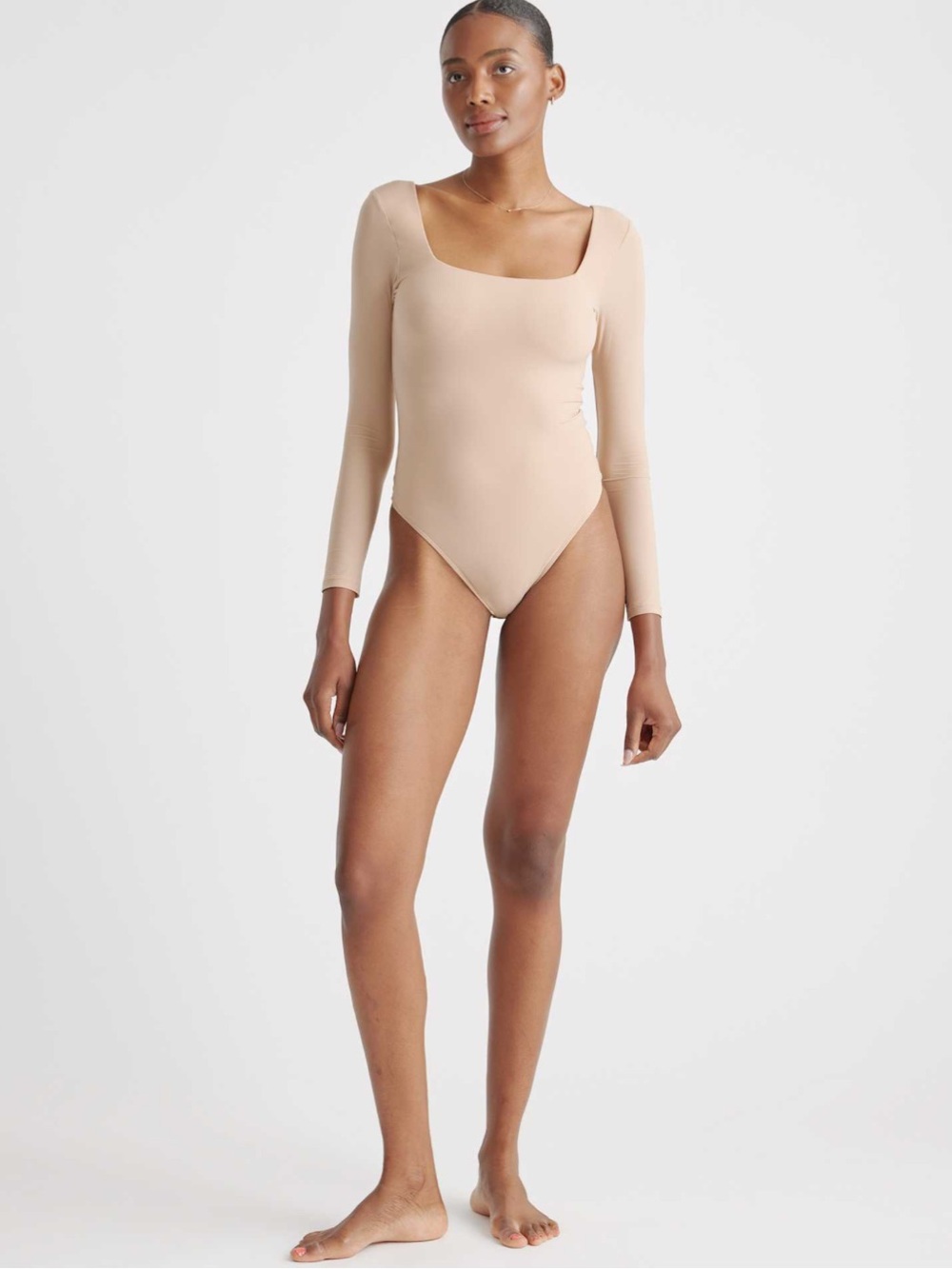 Haute Monde Long-Sleeve Square Neck Bodysuit in Nude Size M